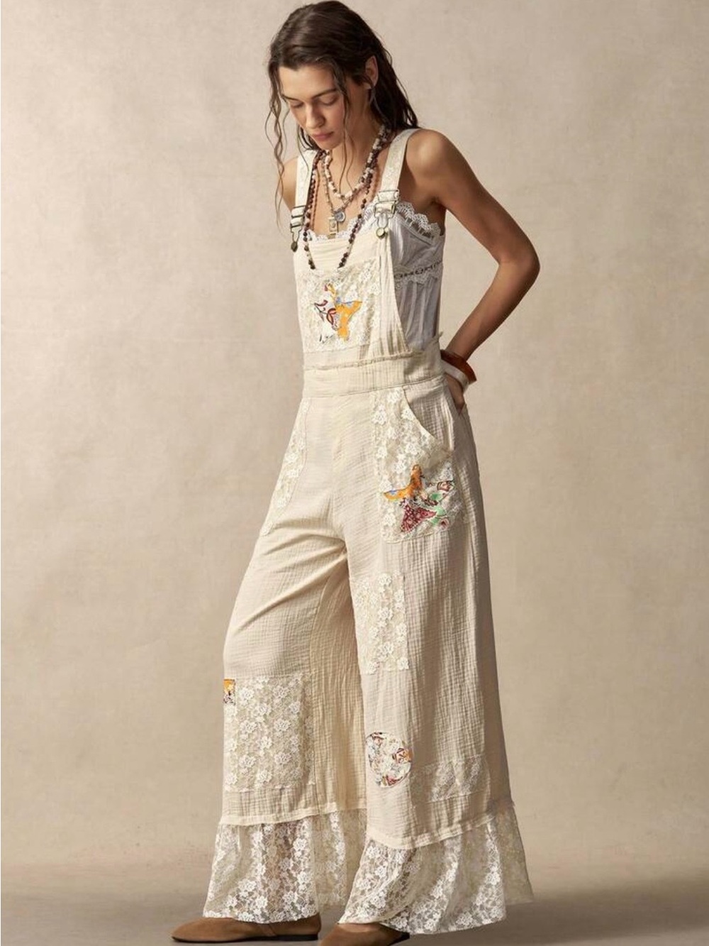 Women’s Cream Lace-Trim Wide Leg Overalls